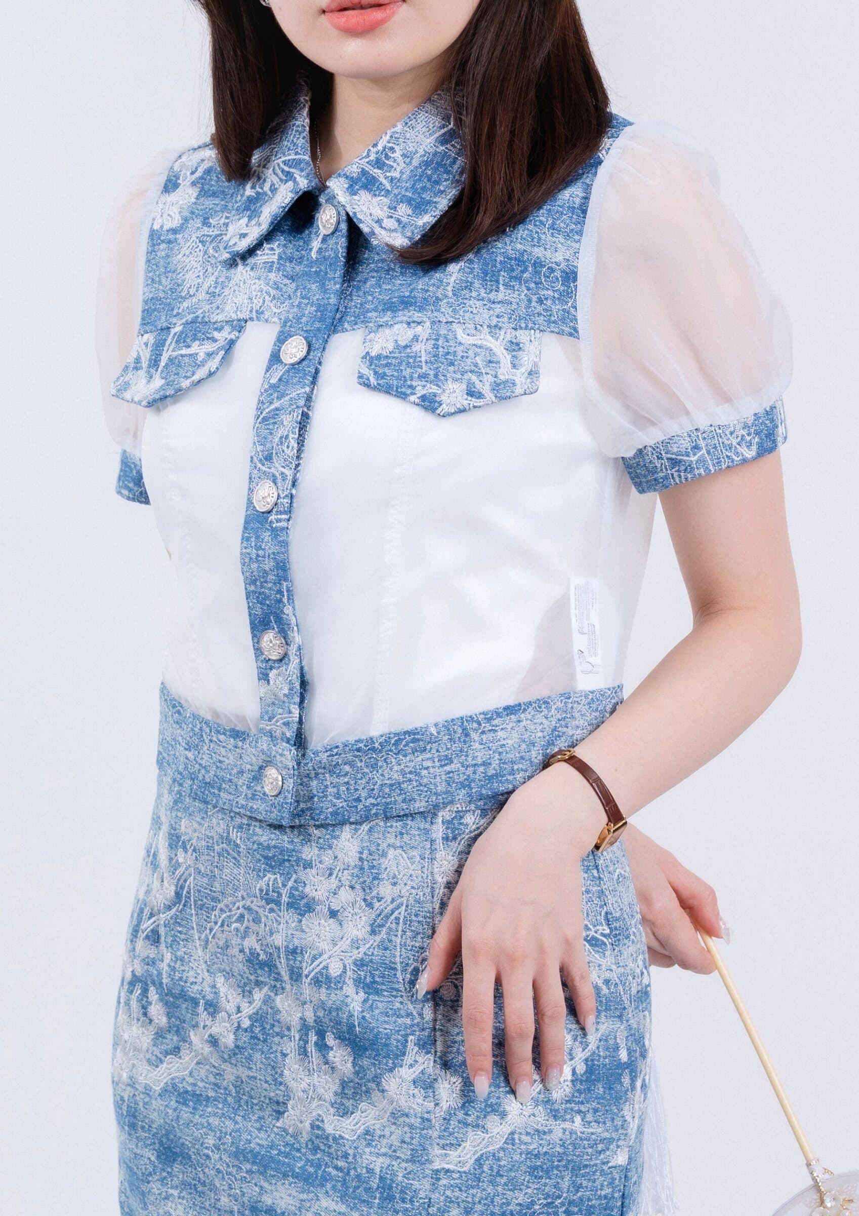 CNY Collection Chic Organza Denim Top ZBP6001