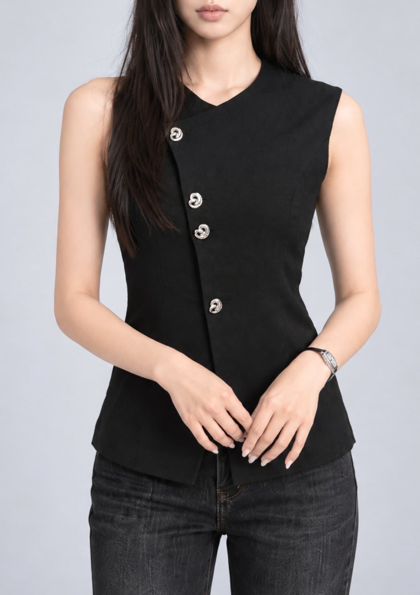 Asymmetric Button Linen Vest