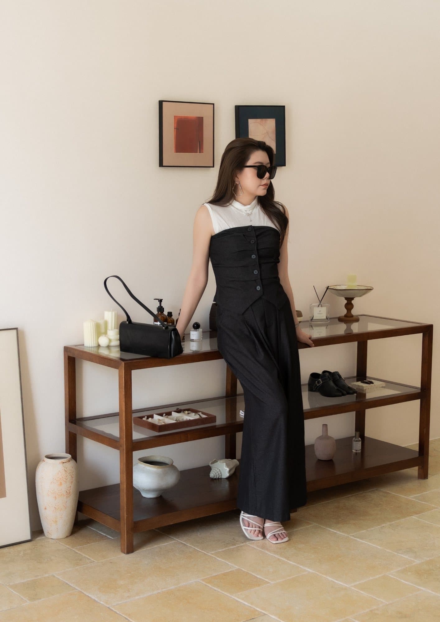 COUPLE LOOK Wide-Leg Pants - GREY BLACK